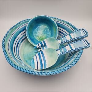 Salad Serving Set Cynthia Coulter Nautical Ocean Seaside Blue Stripes July 4th